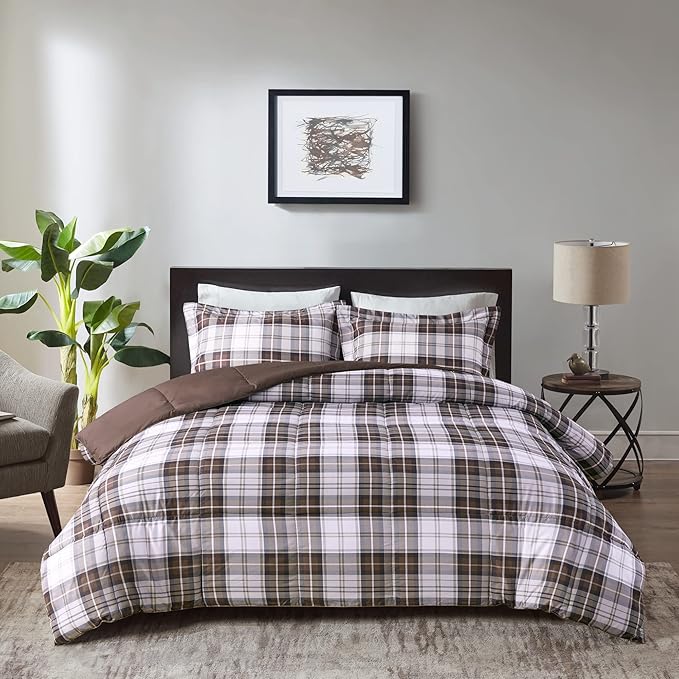 Madison Park Essentials Parkston Plaid Comforter, Matching Sham, 3M Scotchguard Stain Release Cover, Hypoallergenic All Season Bedding-Set, Twin/ Twin XL, Brown, 2 Piece - LeafyLoom