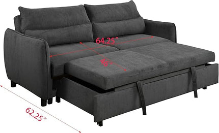 Queen Size Loveseat Sleeper Sofa,3 in 1 Soft Corduroy Upholstered Oversized Convertible Love Seat Sofabed cum Daybed W/Pull Out Sleep Couch Bed and Reclining Backrest for Living Space, 75“, Black - LeafyLoom