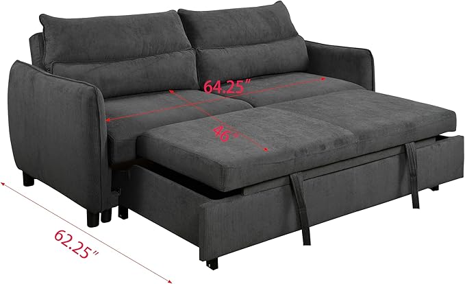 Queen Size Loveseat Sleeper Sofa,3 in 1 Soft Corduroy Upholstered Oversized Convertible Love Seat Sofabed cum Daybed W/Pull Out Sleep Couch Bed and Reclining Backrest for Living Space, 75“, Black - LeafyLoom