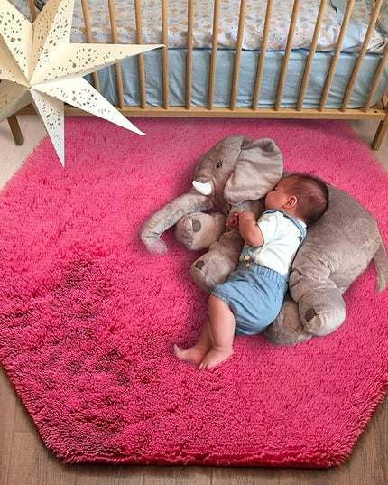 junovo Ultra Soft Rug for Nursery Children Room Baby Room Home Decor Dormitory Hexagon Carpet for Playhouse Princess Tent Kids Play Castle, Diameter 4.6 ft, Hot-pink - LeafyLoom