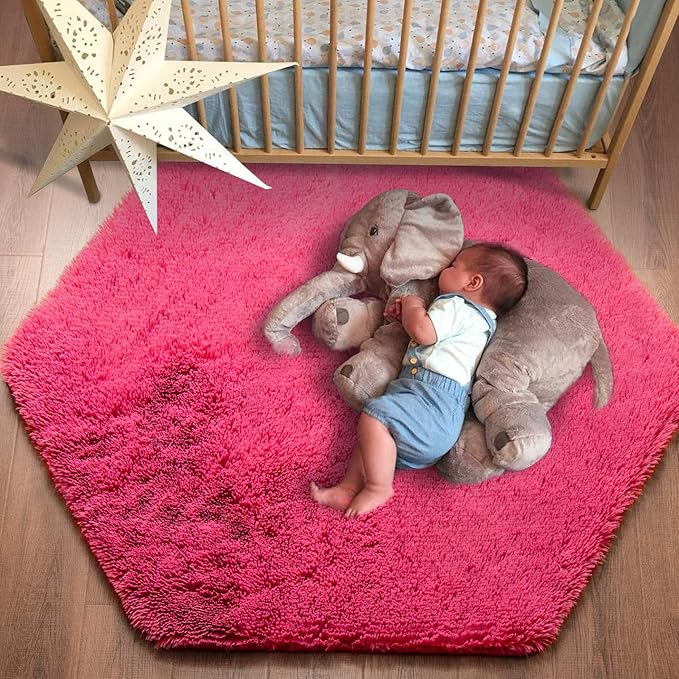 junovo Ultra Soft Rug for Nursery Children Room Baby Room Home Decor Dormitory Hexagon Carpet for Playhouse Princess Tent Kids Play Castle, Diameter 4.6 ft, Hot-pink - LeafyLoom