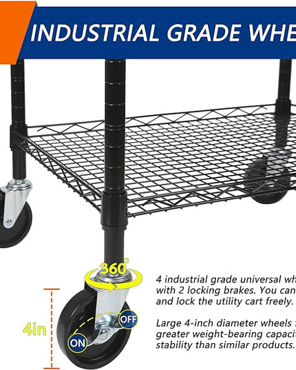 3 Tier Heavy Duty Rolling Utility Cart,18"D x 23.8"W x 36.6"H Rolling Carts with Wheels,Commercial Grade Metal Cart with Handle Bar & Shelf Liner,Trolley Serving Storage Cart for Kitchen Black - LeafyLoom