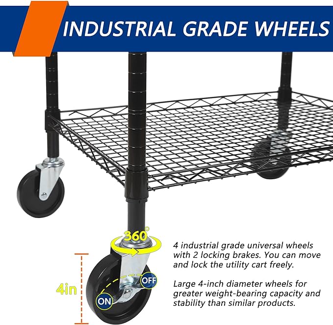 3 Tier Heavy Duty Rolling Utility Cart,18"D x 23.8"W x 36.6"H Rolling Carts with Wheels,Commercial Grade Metal Cart with Handle Bar & Shelf Liner,Trolley Serving Storage Cart for Kitchen Black - LeafyLoom