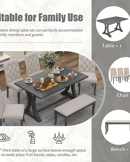 60 Inch Dining Table Set for 6, Farmhouse Rectangular Trestle Dining Table with 4 Upholstered Chairs & 1 Bench, Dining Room Table Set for Dining Room/Living Room, Antique Grey - LeafyLoom