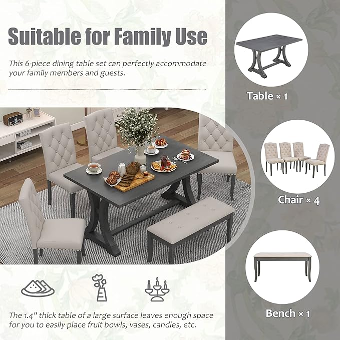 60 Inch Dining Table Set for 6, Farmhouse Rectangular Trestle Dining Table with 4 Upholstered Chairs & 1 Bench, Dining Room Table Set for Dining Room/Living Room, Antique Grey - LeafyLoom