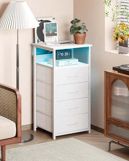 Fixwal Dresser for Bedroom, LED Tall Nightstand with Charging Station Night Stand with USB Ports and Outlets, 4 Fabric Storage Drawers with PU Finish, Bed Side Table, White - LeafyLoom