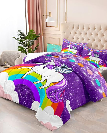 Unicorn Girls Full Size Bedding Sets Cartoon Unicorn Comforter Kids Bedding Set Cute Rainbow Unicorn Print Full Size Bedding Unicorn Kawaii Comforter Set, Purple, 1 Comforter+2 Pillowcases - LeafyLoom