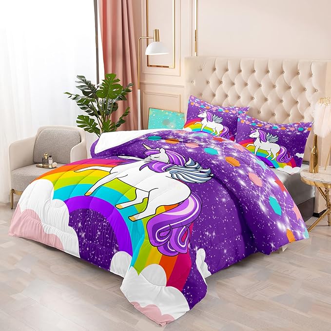 Girls Unicorn Comforter Sets Queen Comforter Set for Girls Unicorn Bedding Sets Queen Cartoon Unicorn Print Comforter Sets Girls Bedding Room Decor, Purple, 1 Comforter+2 Pillowcases - LeafyLoom