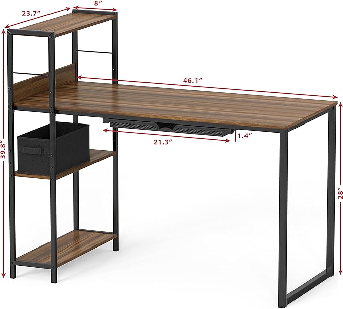 SHW 46-Inch Mission Desk with Side Shelf, 24" Deep, Walnut - LeafyLoom