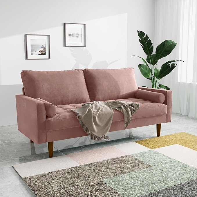 Velvet Furniture for Small Spaces, Mid-Century Modern Loveseats for Living Room, Love Seat Couch Sofas, 70 Inches, Rose - LeafyLoom
