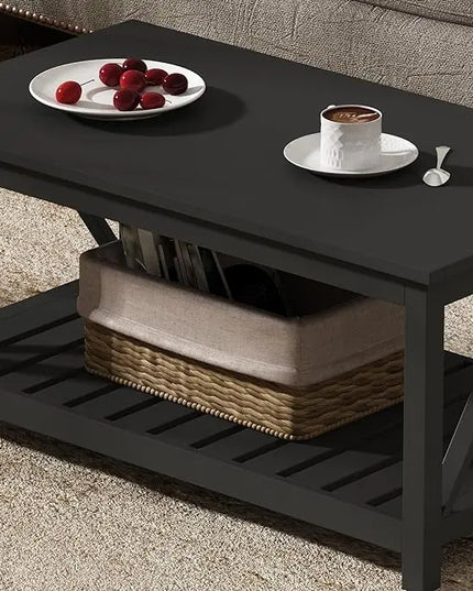 ChooChoo Coffee Table, Rustic Vintage Living Room Table with Shelf, 40 Pure Black - LeafyLoom