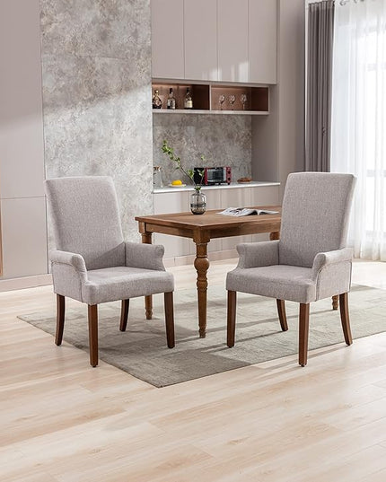 Dining Room Chairs with Arms，Tufted Upholstered High Back Nailed Trim with Untique Oak Wood Legs for Kitchen Restaurant Room Bedroom (Light Gray, SingleA) - LeafyLoom