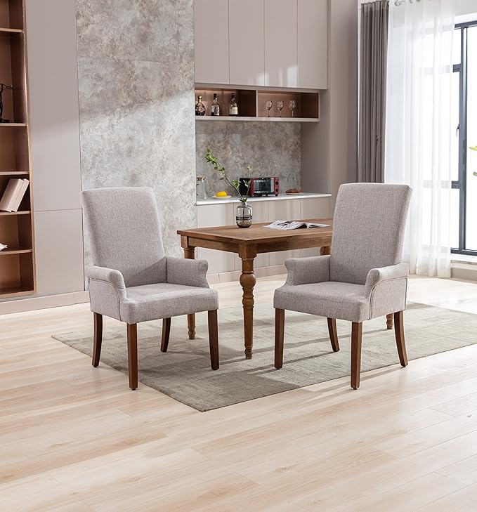 Dining Room Chairs with Arms，Tufted Upholstered High Back Nailed Trim with Untique Oak Wood Legs for Kitchen Restaurant Room Bedroom (Light Gray, SingleA) - LeafyLoom