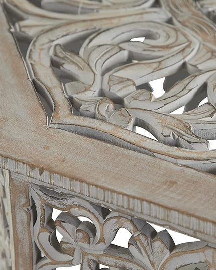 Deco 79 Wooden Floral Handmade Living Room Coffee Table Intricately Carved Table with Hollow Interior, Center Table 33" x 33" x 18", Light Gray - LeafyLoom