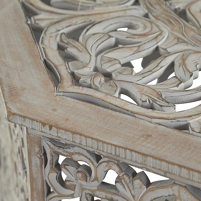 Deco 79 Wooden Floral Handmade Living Room Coffee Table Intricately Carved Table with Hollow Interior, Center Table 33" x 33" x 18", Light Gray - LeafyLoom