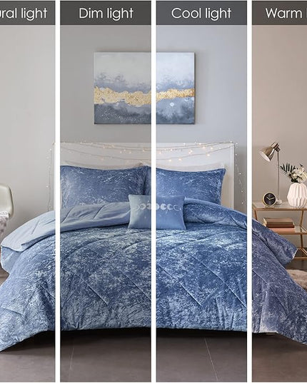 Intelligent Design Queen Comforter Set, Velvet Comforter Set , Luxury Diamond Quilting Comforter Set, Fluffy Comforter Bed Set with Decorative Pillowand 2 Shams, 4 Piece Blue, Full/Queen - LeafyLoom