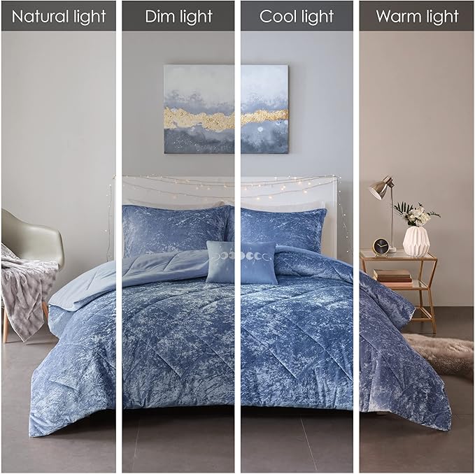 Intelligent Design Queen Comforter Set, Velvet Comforter Set , Luxury Diamond Quilting Comforter Set, Fluffy Comforter Bed Set with Decorative Pillowand 2 Shams, 4 Piece Blue, Full/Queen - LeafyLoom