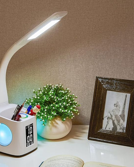 wanjiaone LED Desk Lamp with Clock,Color Changing Nightlight,Study Lamp with Pen Holder,Desk Light with USB Charger,Table Light for Home,Office,Bedroom,Gift for Kids,Students,Women,White - LeafyLoom