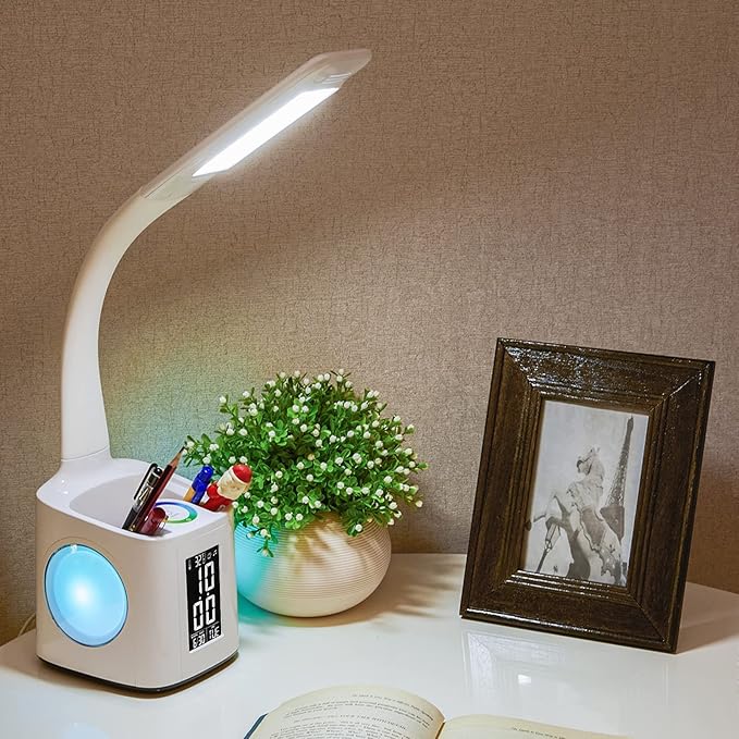 wanjiaone LED Desk Lamp with Clock,Color Changing Nightlight,Study Lamp with Pen Holder,Desk Light with USB Charger,Table Light for Home,Office,Bedroom,Gift for Kids,Students,Women,White - LeafyLoom