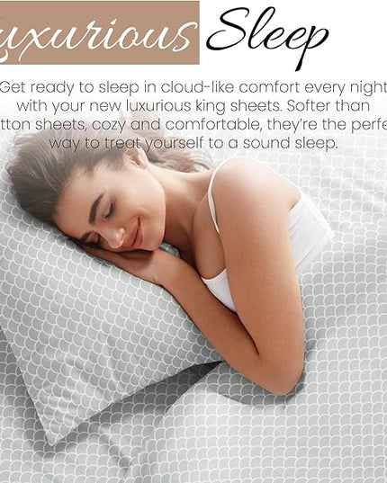 4 Piece King Bedding Sheet Set (Gray Scallops) - Sleep Better Than Ever with These Ultra-Soft & Cooling Bed Sheets for Your King Size Bed - Deep Pocket Fits 16" Mattress - LeafyLoom