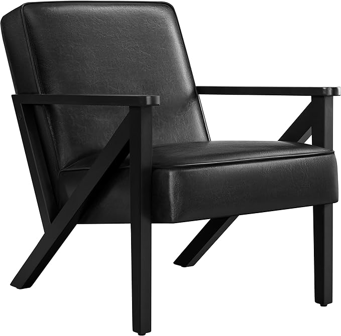Yaheetech Accent Chair, Armchair with Strong Wood Frame, PU Leather Modern Retro Lounge Chair for Living Room/Lounge/Office/Reception Area, Black - LeafyLoom