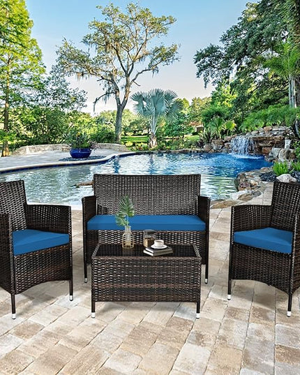 Goplus 4-Piece Rattan Patio Set, Outdoor/Indoor Wicker Conversation Set for Pool, Backyard, Lawn, Wicker Chairs and Sofa with Soft Cushion, Rattan Furniture with Tempered Glass Coffee Table - LeafyLoom