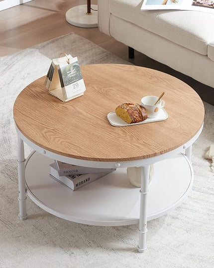 VINGLI 31.5" Natural White Round Farmhouse Coffee Table, 2-Tier Storage Wood Center Circle Accent Table for Living Room, Bedroom, Apartment, Studio and Small Spaces, Sturdy Metal Frame, Natural Color - LeafyLoom