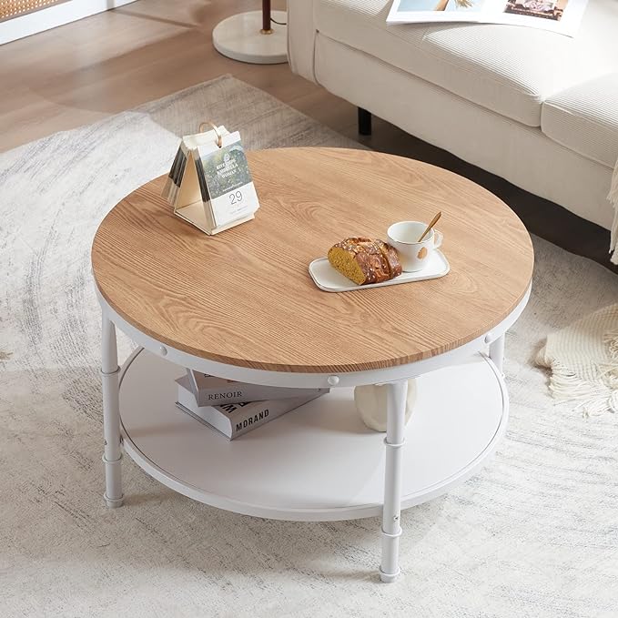 VINGLI 31.5" Natural White Round Farmhouse Coffee Table, 2-Tier Storage Wood Center Circle Accent Table for Living Room, Bedroom, Apartment, Studio and Small Spaces, Sturdy Metal Frame, Natural Color - LeafyLoom