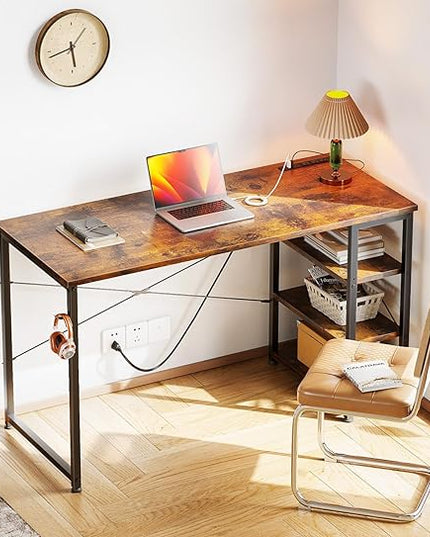 AODK Laptop Desk Office Desk, 48 Inch Computer Desk with Power Outlet and USB & Type-C Charging Port, Writing Desk with 3-Tier Reversible Storage Shelf for Home Office, 48'' x 16'', Rustic Brown - LeafyLoom