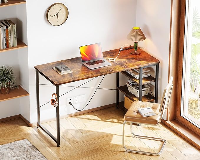 AODK Laptop Desk Office Desk, 48 Inch Computer Desk with Power Outlet and USB & Type-C Charging Port, Writing Desk with 3-Tier Reversible Storage Shelf for Home Office, 48'' x 16'', Rustic Brown - LeafyLoom