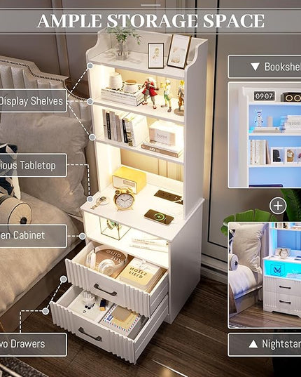 Vlsrka Nightstand Set of 2, Nightstand with Charging Station and LED Lights, Smart Night Stand with Bookshelf, Modern Bedside Tables with Storage Cabinet for Bedroom, Human Sensor Function, White - LeafyLoom