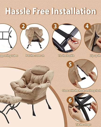 Lazy Chair with Folding Ottoman, Accent Chair Velvet Upholstered with Metal Structure and Non-Slip Pads, Sofa Armchair with Footrest and Side Storage Bag for Dorm, Room, Office, Khaki - LeafyLoom
