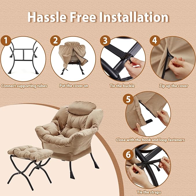 Lazy Chair with Folding Ottoman, Accent Chair Velvet Upholstered with Metal Structure and Non-Slip Pads, Sofa Armchair with Footrest and Side Storage Bag for Dorm, Room, Office, Khaki - LeafyLoom