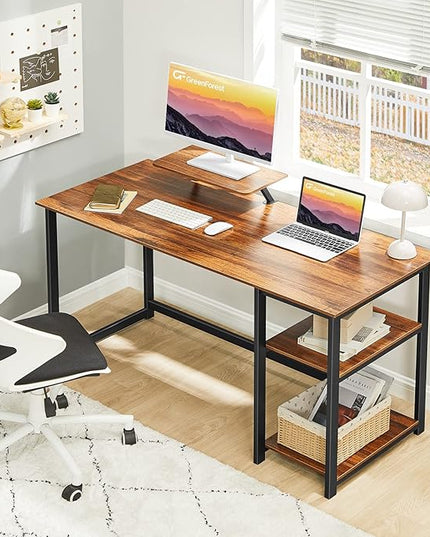 GreenForest Computer Home Office Desk with Monitor Stand and Reversible Storage Shelves,55 inch Modern Simple Writing Study PC Work Table,Walnut - LeafyLoom