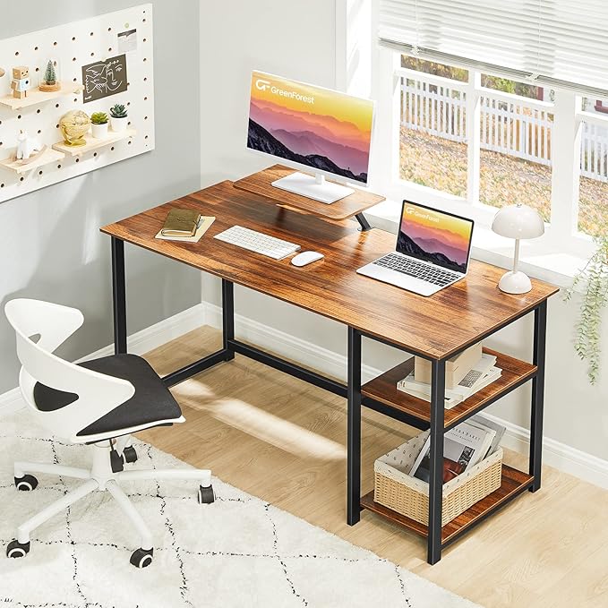 GreenForest Computer Home Office Desk with Monitor Stand and Reversible Storage Shelves,55 inch Modern Simple Writing Study PC Work Table,Walnut - LeafyLoom