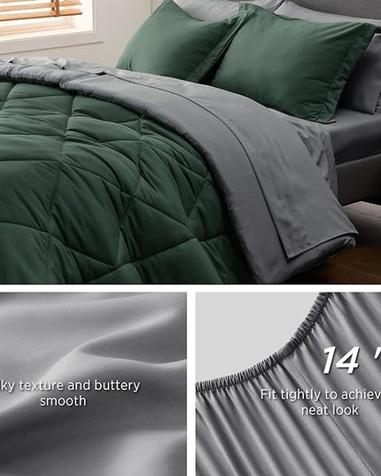 Bedsure Forest Green Full Size Comforter Set - 7 Pieces Reversible Full Bed in a Bag, Full Bed Set Forest Green and Grey with Comforters, Sheets, Pillowcases & Shams - LeafyLoom