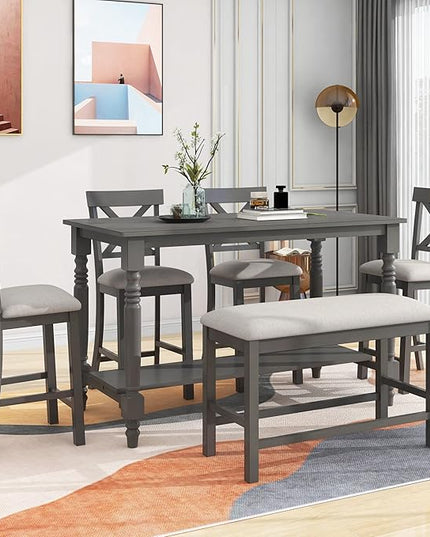 Dining Table Set for 6, 6-Piece Counter Height Kitchen Table Set with 4 Upholstered Chairs, Bench and Storage Shelf, Dining Room Table Set for Kitchen, Living Room, Grey+Beige - LeafyLoom