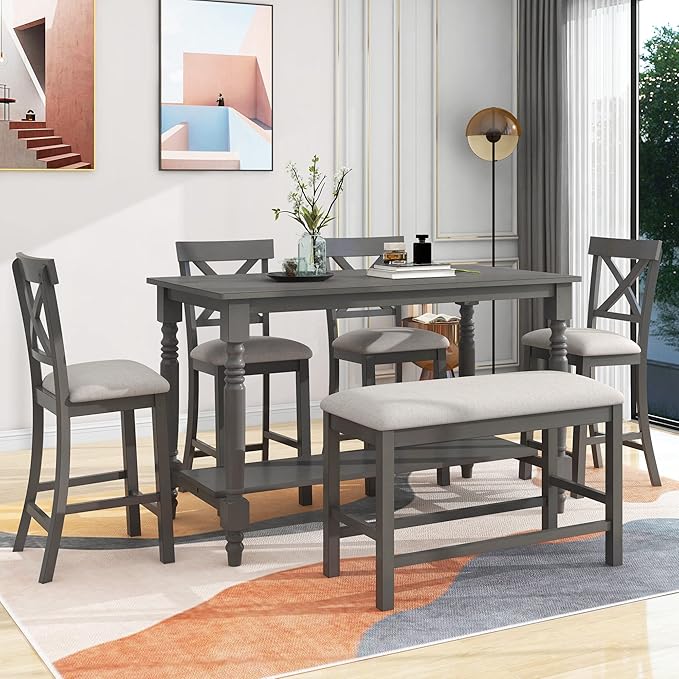 Dining Table Set for 6, 6-Piece Counter Height Kitchen Table Set with 4 Upholstered Chairs, Bench and Storage Shelf, Dining Room Table Set for Kitchen, Living Room, Grey+Beige - LeafyLoom