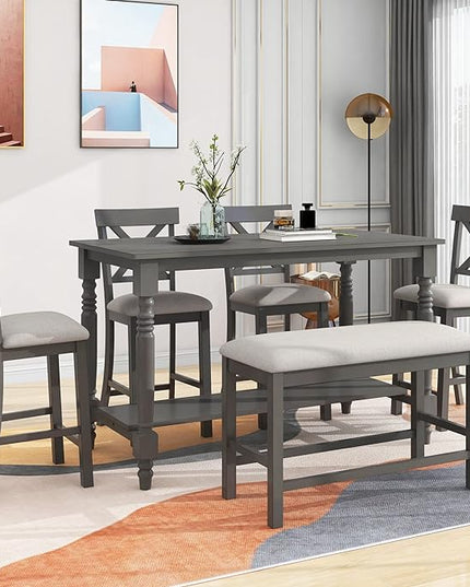 6-Piece Wood Counter Height Dining Set, Rectangular Table with Shelf, 4 Chairs and Bench for Kitchen, Breakfast Nook, Living Room, Gray, 60" L x 29.5" W x 36" H - LeafyLoom