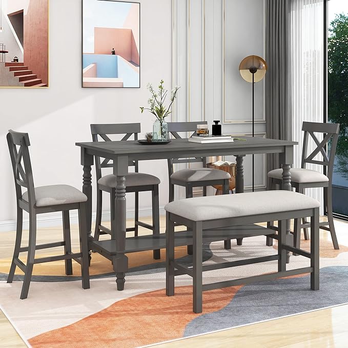 6-Piece Wood Counter Height Dining Set, Rectangular Table with Shelf, 4 Chairs and Bench for Kitchen, Breakfast Nook, Living Room, Gray, 60" L x 29.5" W x 36" H - LeafyLoom