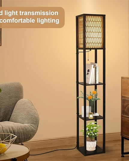 Floor Lamp with Shelves, Corner Floor Lamps for Living Room, Boho Floor Lamp with LED Bulb & Double Shades, Rattan Standing Lamp for Bedroom Office, Shelf Tall Lamp for Storage Display, Home Decor - LeafyLoom
