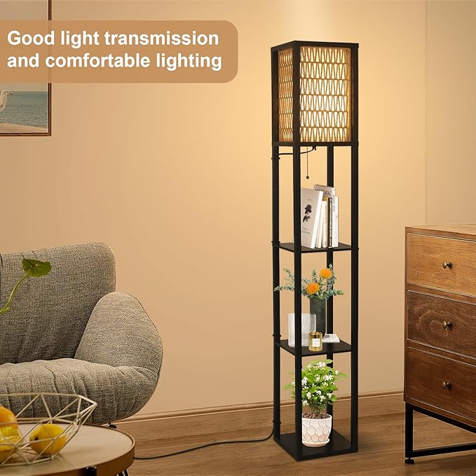 Floor Lamp with Shelves, Corner Floor Lamps for Living Room, Boho Floor Lamp with LED Bulb & Double Shades, Rattan Standing Lamp for Bedroom Office, Shelf Tall Lamp for Storage Display, Home Decor - LeafyLoom