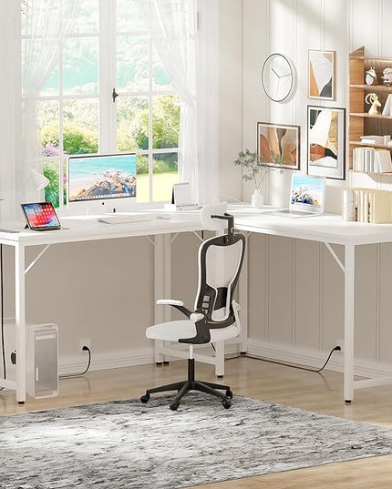 47 Inch Computer Desks with Power Outlets and USB Charging Ports, Modern Office Desk for Small Spaces, Sturdy Laptop PC Gaming Writing Table for Students, Pure White - LeafyLoom