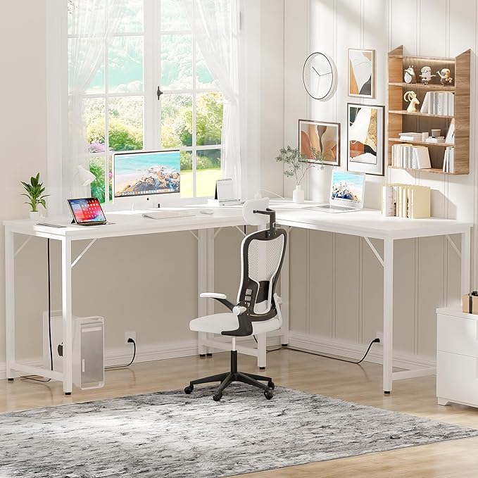 47 Inch Computer Desks with Power Outlets and USB Charging Ports, Modern Office Desk for Small Spaces, Sturdy Laptop PC Gaming Writing Table for Students, Pure White - LeafyLoom