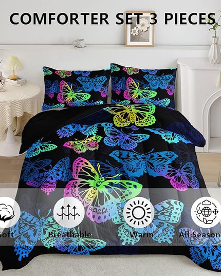 Axolotl Colorful Butterflies Bedding Set,Queen Size Kids Bed Set,Gradient Butterfly Comforter Set,1 Quilt with 2 Pillowcases for Boys Girls Kids Teens Children Adults Room Decor All Season,Black - LeafyLoom
