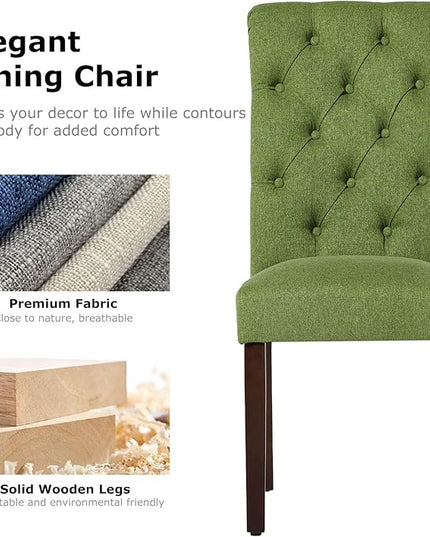 COLAMY Button Tufted Dining Chairs Set of 6, Parsons Upholstered Fabric Dining Room Chairs Kitchen Chairs with Wood Legs and Padded Seat, Green - LeafyLoom