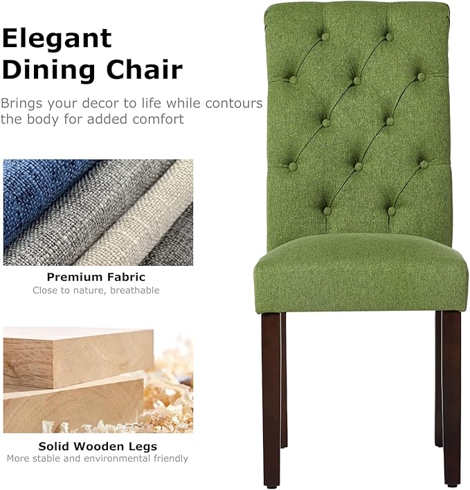 COLAMY Button Tufted Dining Chairs Set of 6, Parsons Upholstered Fabric Dining Room Chairs Kitchen Chairs with Wood Legs and Padded Seat, Green - LeafyLoom