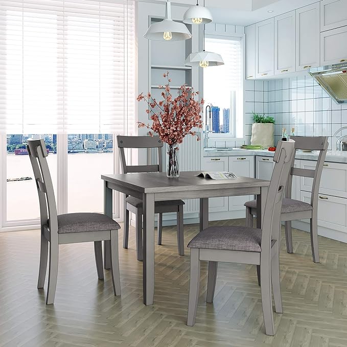 Industrial Wooden 4 Chairs, with High-Density Foam Burlap Upholstered Cushions, Living Room, and Kitchen, Easy to Assemble, Grey, 5 Piece Dining Table Set, Gray 3 - LeafyLoom