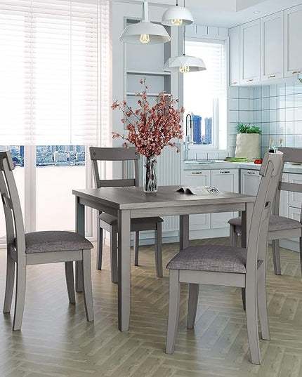 RITSU 5 piece set industrial wooden table and 4 chairs, high density foam linen upholstery, suitable for dining, living room, kitchen and various small spaces, gray - LeafyLoom