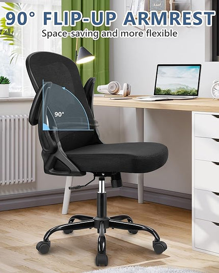 Office Chair Desk Chair, Ergonomic Mesh Computer Chair Home Office Desk Chairs, Swivel Task Chair Mid Back Breathable Rolling Chair with Adjustable Lumbar Support Flip Up Armrest (Black) - LeafyLoom